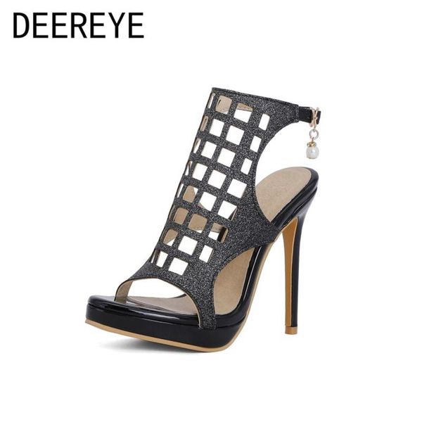 

dress shoes elegant special material ankle wrap white pearls hollow out slingback thin heel 12cm women high peep toe sandals for prom, Black