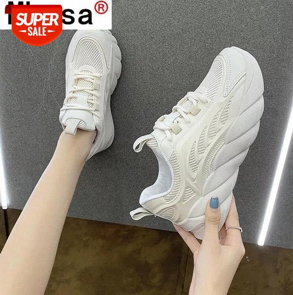 

2021 spring women's vulcanized shoes fashion platform sneakers lace-up round head mesh breathable casual white dad #kj5n