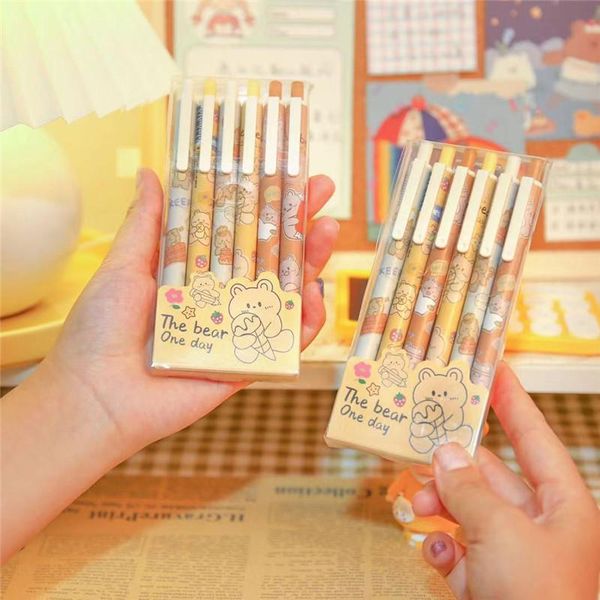 

gel pens 6pcs/lot press style cute bear pen set student ballpoint black ink writing 0.5mm refill school supplies stationery gift
