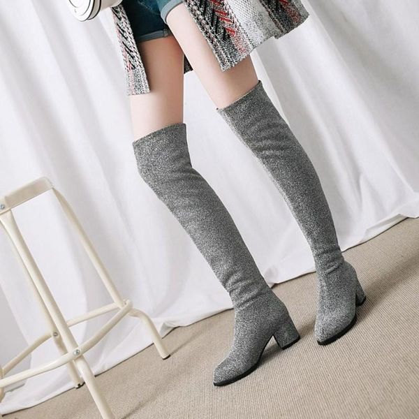 

boots women's winter style fashion stretch fabric pointed thick heel mid over the knee plus size 34-43, Black