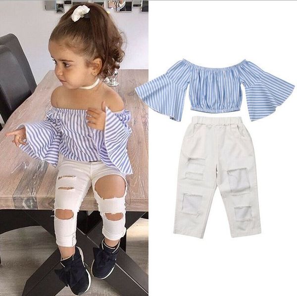 

[stock in idn ]fashion kids girls casual clothing set children summer outfits stripe flare sleeve cold shoulder +ripped jeans, White