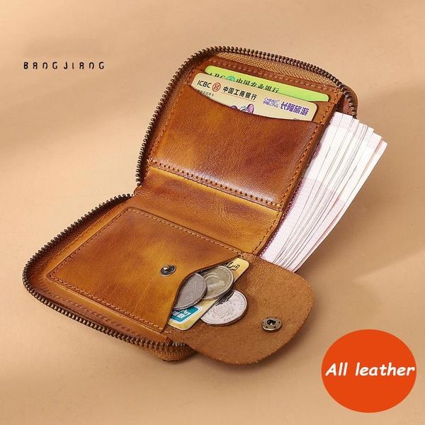 

wallets bangjiang men's wallet genuine leather short vegetable tanning zipper personalized old coin purse card bag, Red;black