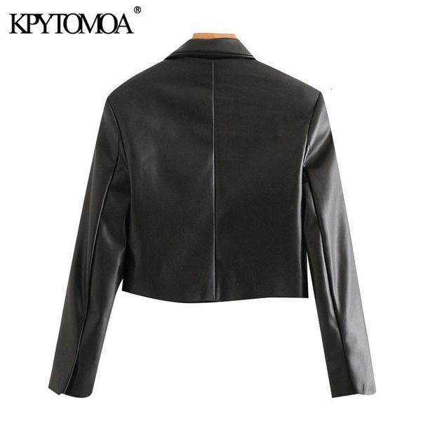 

kpytomoa women fashion faux leather cropped blazers coat vintage notched collar long sleeve female outerwear chic 201009, White;black