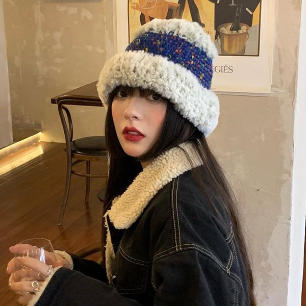 

berets winter hats fashion women beanies plush bucket hat knitted female beanie caps bonnet warm wild thick vintage fisherman cap, Blue;gray