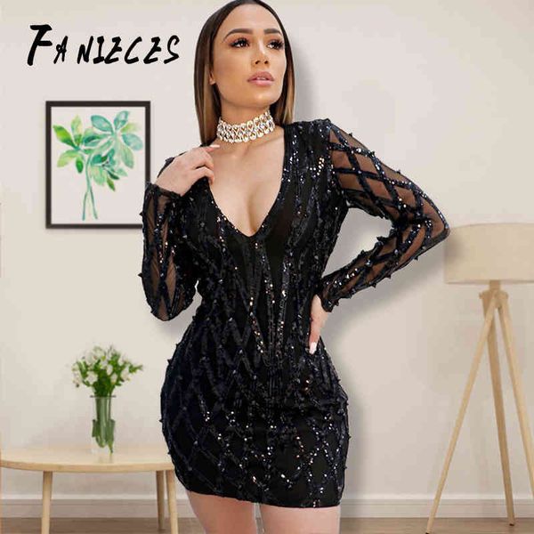 

women's v-neck slim plaid sequin dresses club black shiny party vestido ins fashion ladies long sleeve mini dress 210520, Black;gray