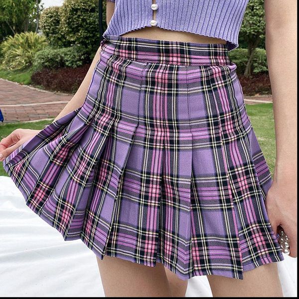 

purple preppy style mini women skirts pleated casual school kawaii plaid short ladies high waist, Black