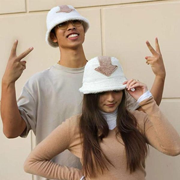 

wide brim hats 3 color fashion bucket flat lamb wool hat swag printed arrow warm faux caps fumen tide symbol winter women fis c4k9, Blue;gray