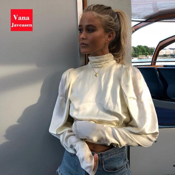 

women's blouses & shirts vana javeasen backless bandage women blouse puff sleeve turtleneck collar female satin ruffles womens, White