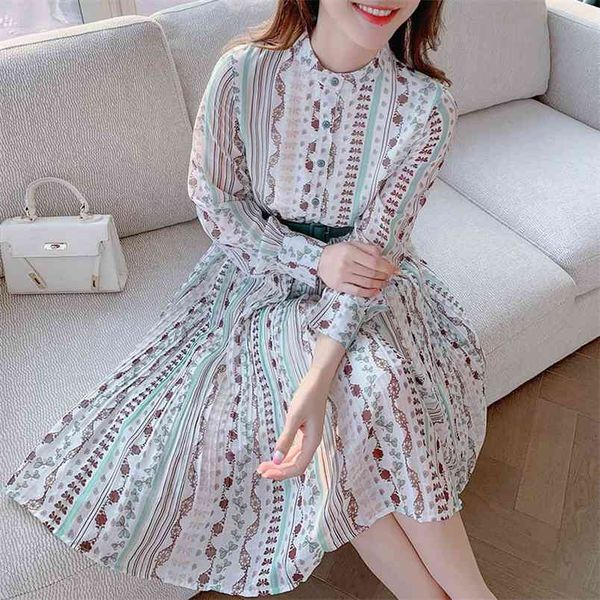 

spring fashion shirt dress women long sleeve geometry print vintage female elegant midi pleated with belt 210519, Black;gray