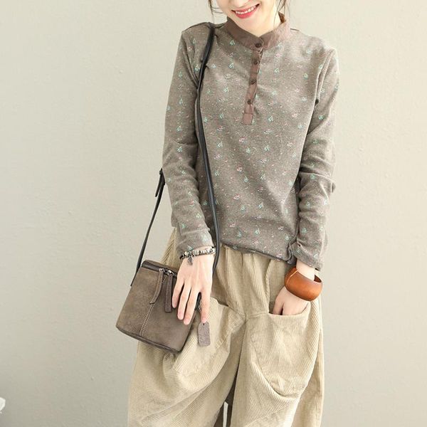 

95% solid cotton women long sleeve stand collar print spring autumn all matched casual tshirts female tees plus size, White