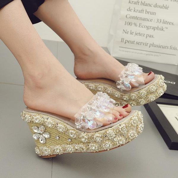 

slippers exquisite rhinestone handmade beaded summer slope high heel platform women's shoes trifle beach sandals, Black