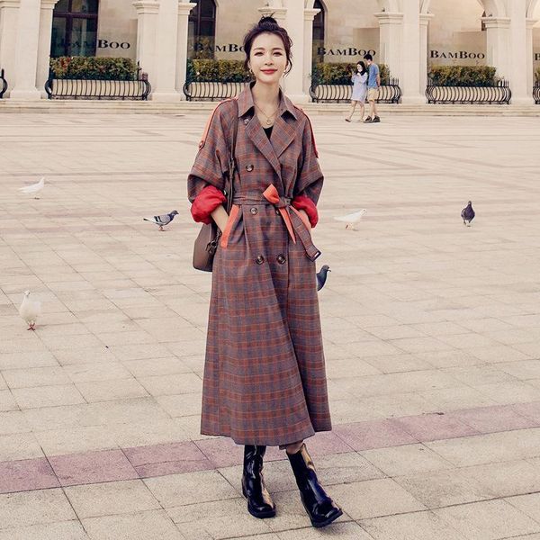 

women's trench coats windbreaker jacket female 2021 spring autumn design sense long korean loose lattice stitching fashion tooling high, Tan;black