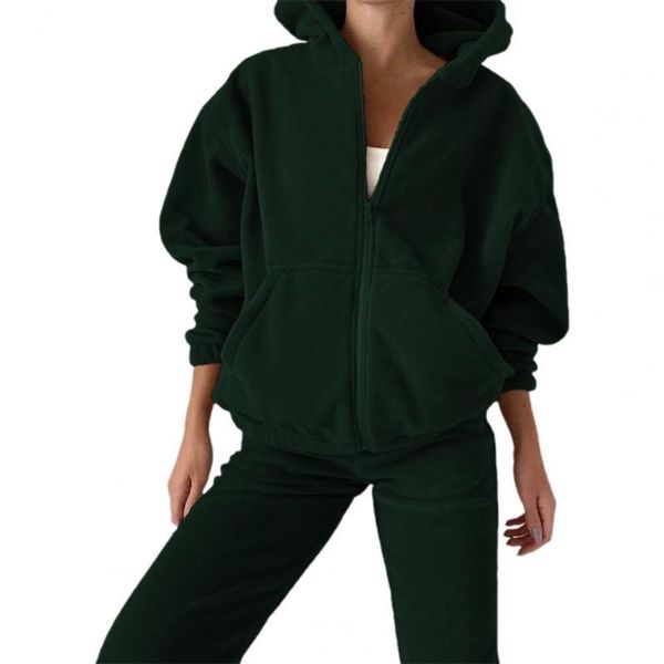 

women's two piece pants women tracksuit 1 set hoodie solid color hooded autumn winter loose sweatshirt high waist sweatpants for daily, White