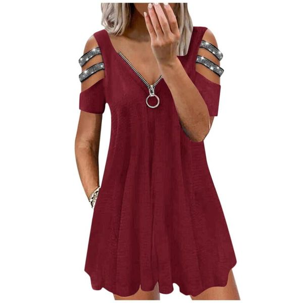 

casual dresses 2021 ladies summer cold shoulder mini women zipper short sleeve v neck hollow dress loose clothes sommerkleider damen, Black;gray