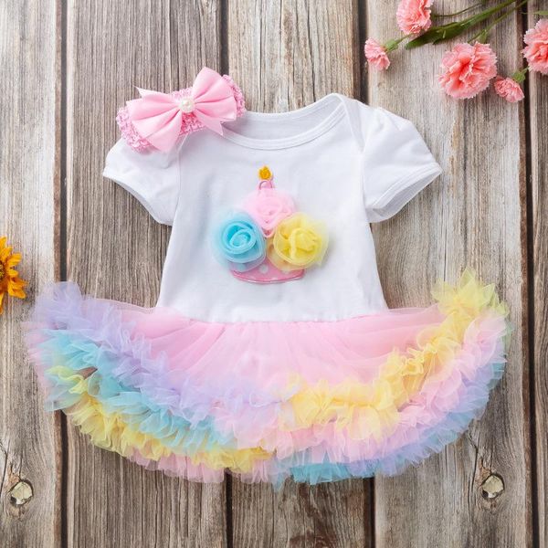 

girl's dresses summer 0-24m baby girls short sleeve net yarn romper dress infant pink princess born festival clothes with headwear, Red;yellow