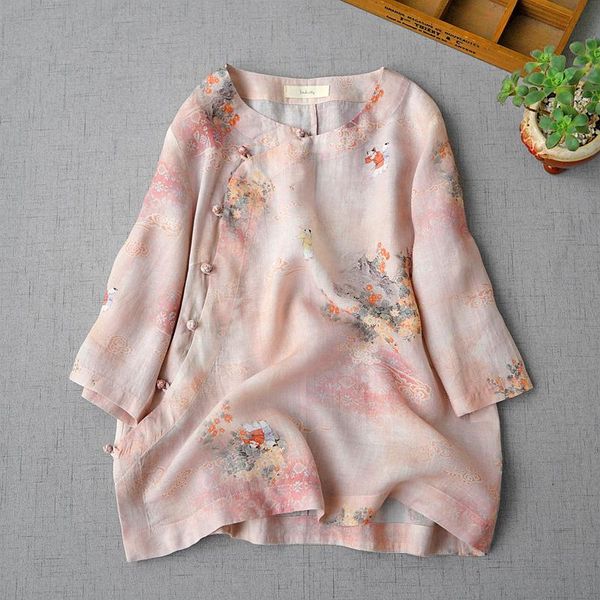 

spring summer women loose chinese style buttons slant opening print comfortable water washed thin ramie see-through ethnic clothing, Red