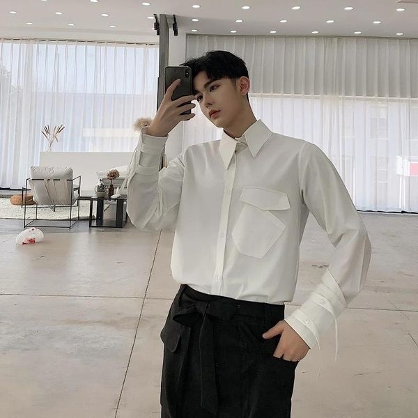 

men pocket design long sleeve casual loose white shirt male fashion streetwear hip hop party dress shirts stage clothes men's, White;black