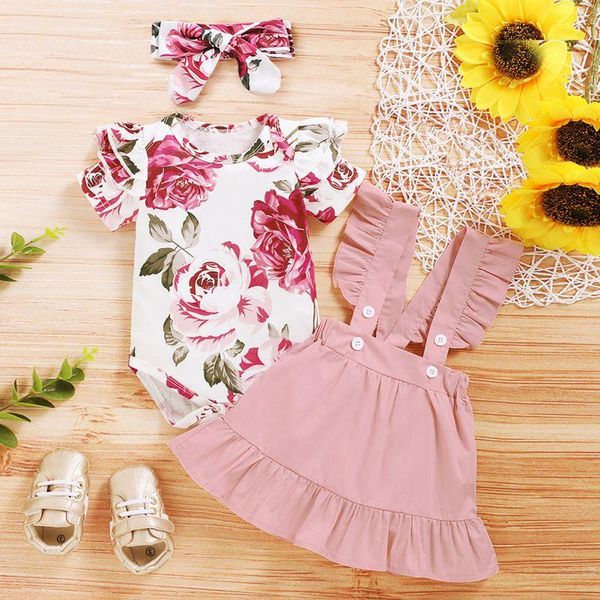 

clothing sets 3pcs born girl set floral print short-sleeved +solid color strap dress+headband infant baby clothes, White