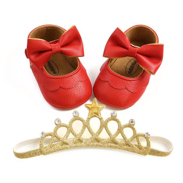 

first walkers 0-18m cute infant baby girls pu leather crib shoes big bowknot princess flat sole with headband for birthday party
