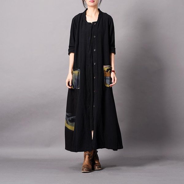 

women's trench coats johnature autumn coat for women 2021 vintage mandarin collar long sleeve single breasted outerwear print, Tan;black