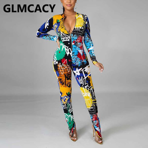 

women long sleeve graffiti printed slim jumpsuit zipper front overalls 210702, Black;white