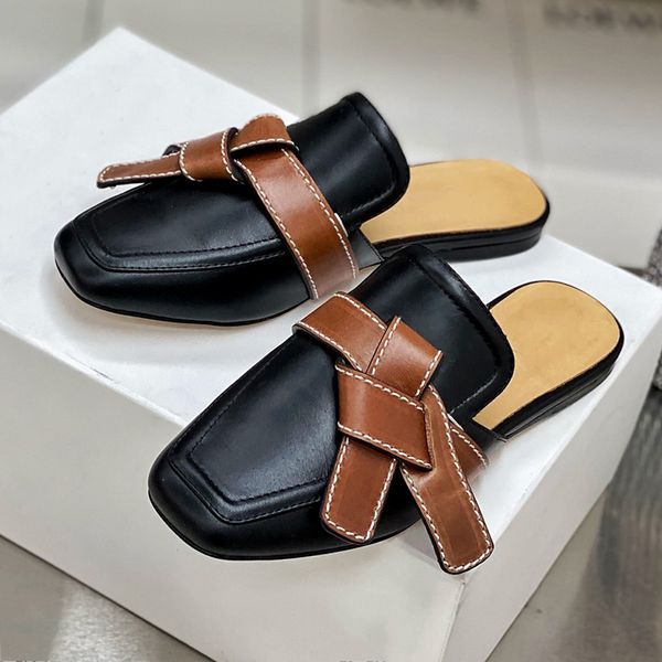 

designer women flat heel loafer mules slippers 2021s spain brand woman genuine leather sliders bow sandals outdoor slipper luxurys designers, Black