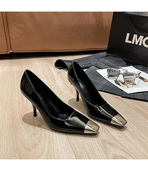 

dress shoes 2021 fashion metal patchwork pumps women runway autumn square toe high heels lady party wedding, Black