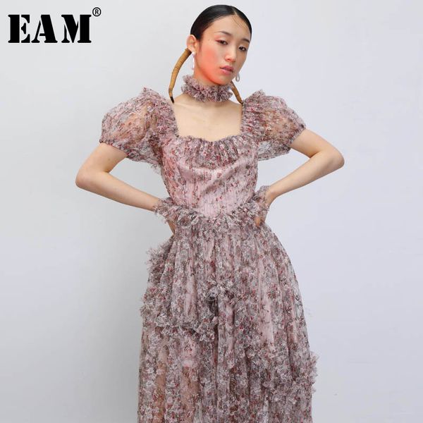 

[eam] women pattern printed mesh ruffles dress square collar short sleeve loose fit fashion spring summer 1t905 21512, Black;gray