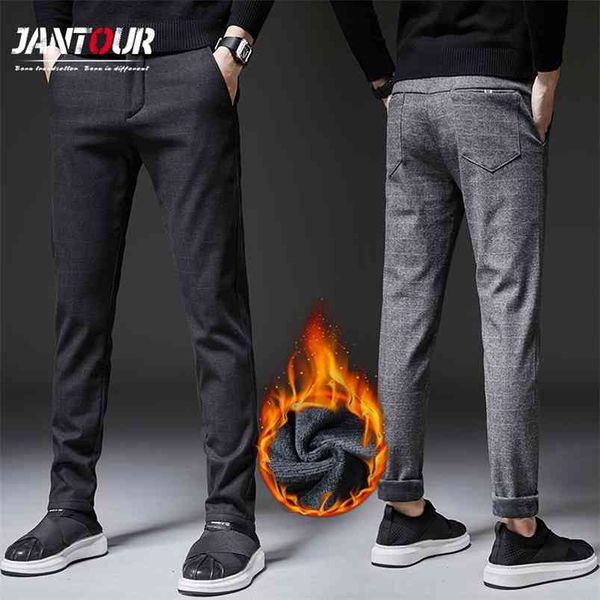 Men's Winter Fleece Fluff Engradear Quente Casual Calças Homens Negócios Retânticos Elásticos Espessura Manta Algodão Black Calças Cinzentas Macho 210715