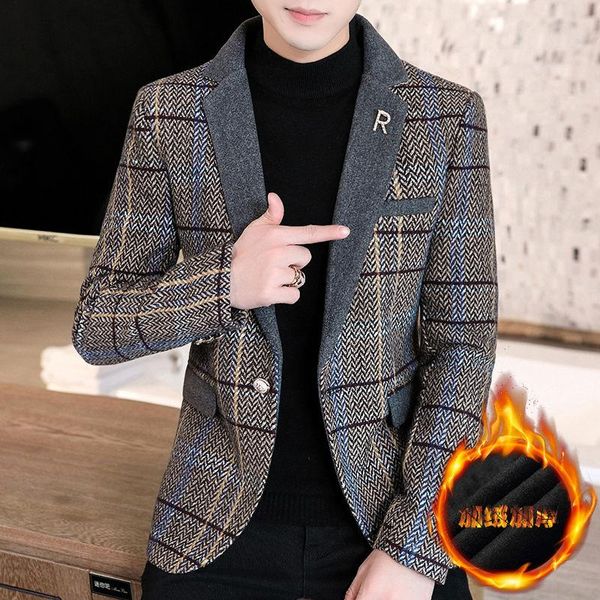 

mens blazer jacket winter 2021 british gentlemen's plush woolen suit coat with plaid hombre terno masculino men's suits & blazers, White;black