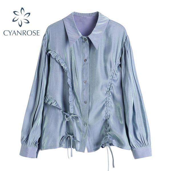 

gradient color fashion shirts&blouses women's cardigan party club elegant loose vintage streetwear drawstring ruched blusas 210515, White