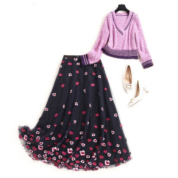 

two piece dress fall female suit fashion designers two elegant garments long sleeve shirt loose and skirt embroidered ensemble 8db5, White