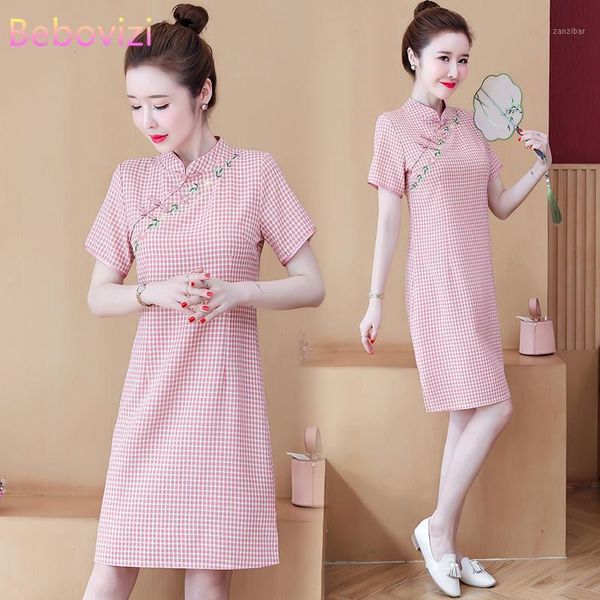 

plus size -4xl summer 2021 short sleeve red check art qipao for women chinese modern cheongsam dress party traditional clothes1