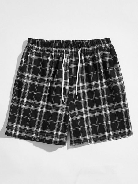 

romwe guys plaid drawstring shorts d5ut#, Black
