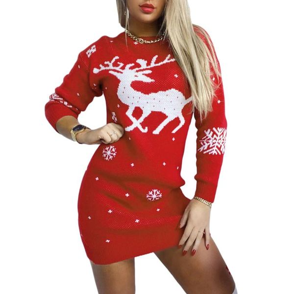 

casual dresses women's winter knitted christmas dress three quarter sleeve printed round neck fitting ladies festival clothes, Black;gray