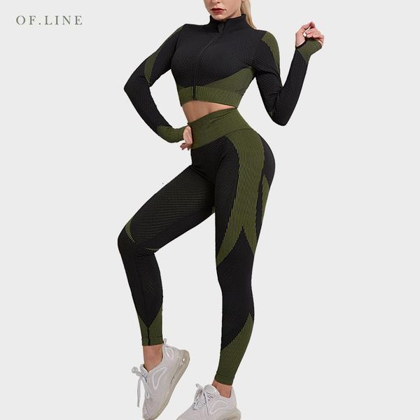 

women's seamless knitted sport suit tight running yoga pants set fitness bra long-sleeved zipper t-shirt two piece, White