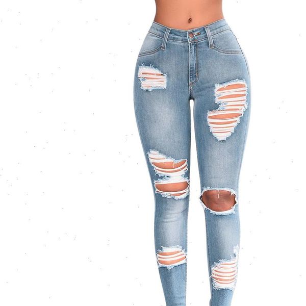 

women jean denim skinny trousers high waist jeans destroyed knee holes pencil pants stretch ripped boyfriend female l20, Blue