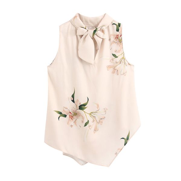 

elegant asymmetry floral print women blouses bow tie collar sleeveless office lady shirts casual blusas mujer 210430, White