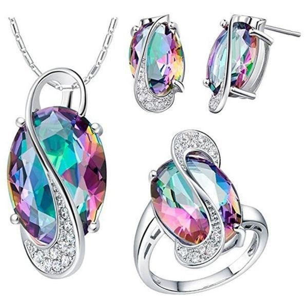 

earrings & necklace exquisite retro colorful stone drop earring pendent for women anniversary wedding party gift jewelry sets, Silver