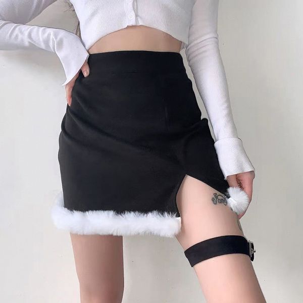 

high waist thin slit burr stitch hip contrast 2021 spring female street skirt feminine, Black