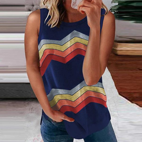

women's t-shirt 2021 summer women loose tank stripe printed sleeveless round neck vest casual t shirts clothes s-5xl, White