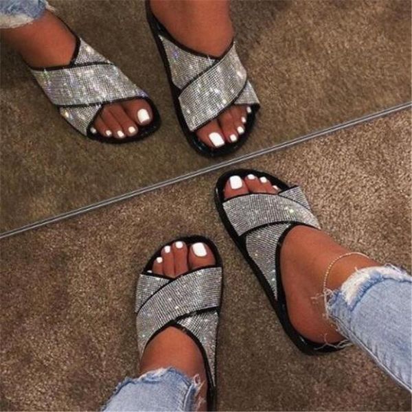 

sandals women's summer fashion rhinestone diamond ladies slippers outdoor leisure beach flat, Black