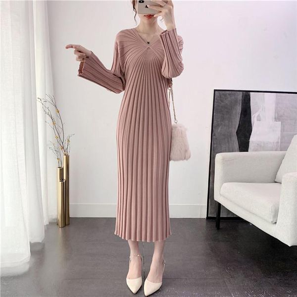 

winter knitted women sweater dress fashion solid color female v neck all-match sheath autumn long for female 210428, White