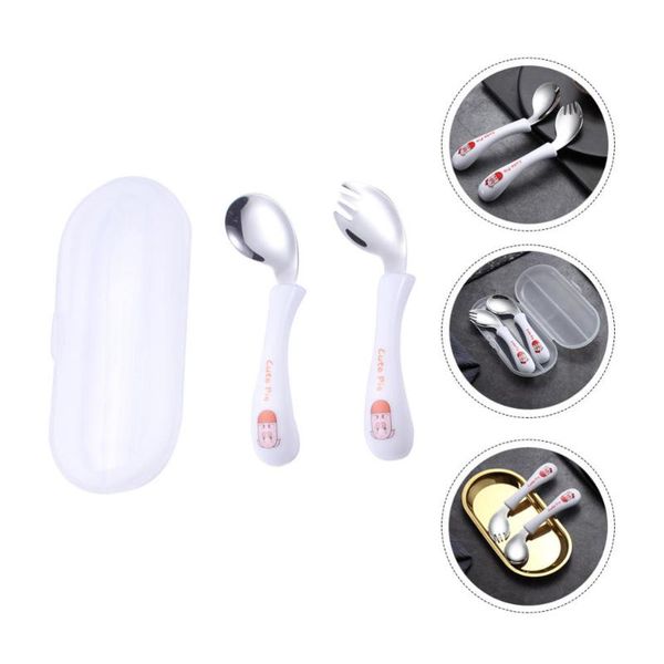 

set of baby practicing tableware children spoon fork stainless cutlery (white) cups, dishes & utensils