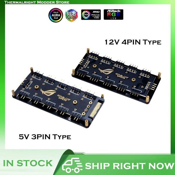 

fans & coolings pc case motherboard rgb splitter hub, 12v 4pin or 5v 3pin(sata power supply) optional support mobo lighting aura sync
