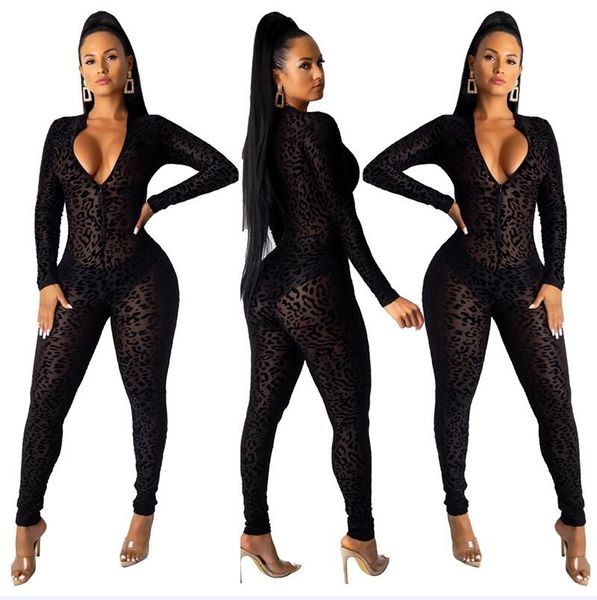 Animal Jumpsuit Feminino Malha Malha de Malha Leopard Ver através de Velor Manga Longa Macacões Mulheres Sexy Midnight Clubwear 011912