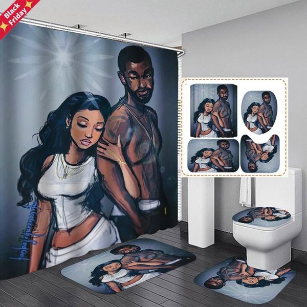 

african american men women bathroom curtain set durable waterproof fabric shower curtains toilet cover mat non-slip bath rug