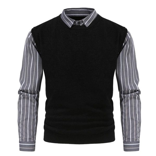 

men's sweaters men sweetshirts pullover autumn and winter british slim printed shirt business casual fake two-piece sweater office top, White;black