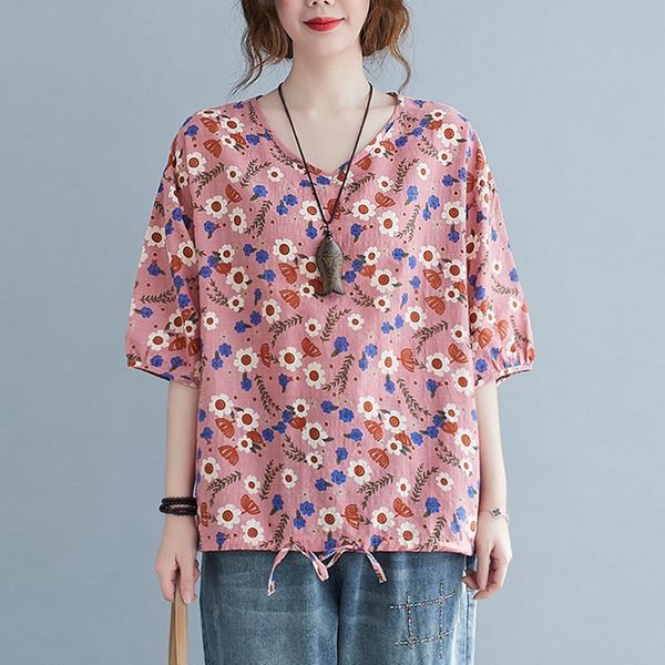 

women summer loose casual t-shirts new arrival vintage style v-neck floral print female cotton linen tees s3671 210412, White