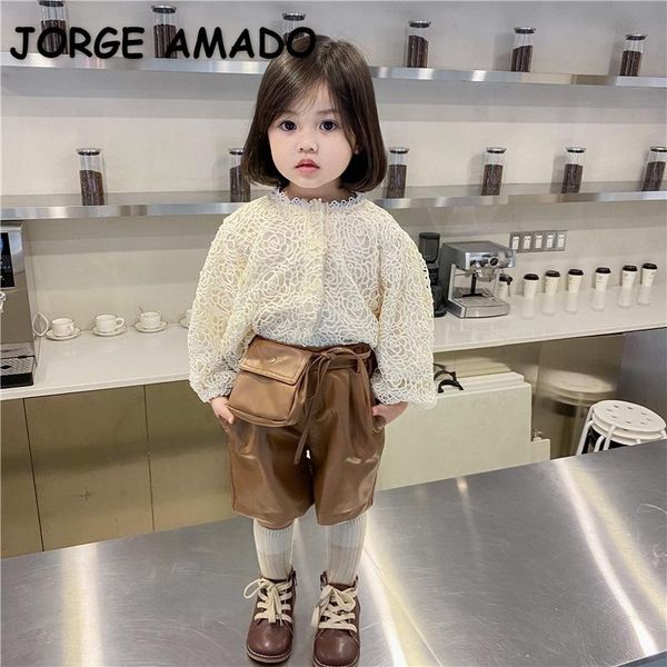 

clothing sets 2021 spring korean style baby girl 2-pcs lace long sleeves shirts + leather shorts kids clothes e5033, White